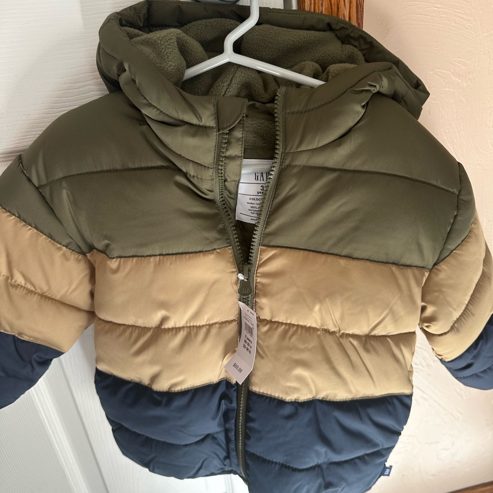 GAP Kids Olive, Tan, and Navy Puffer Jacket